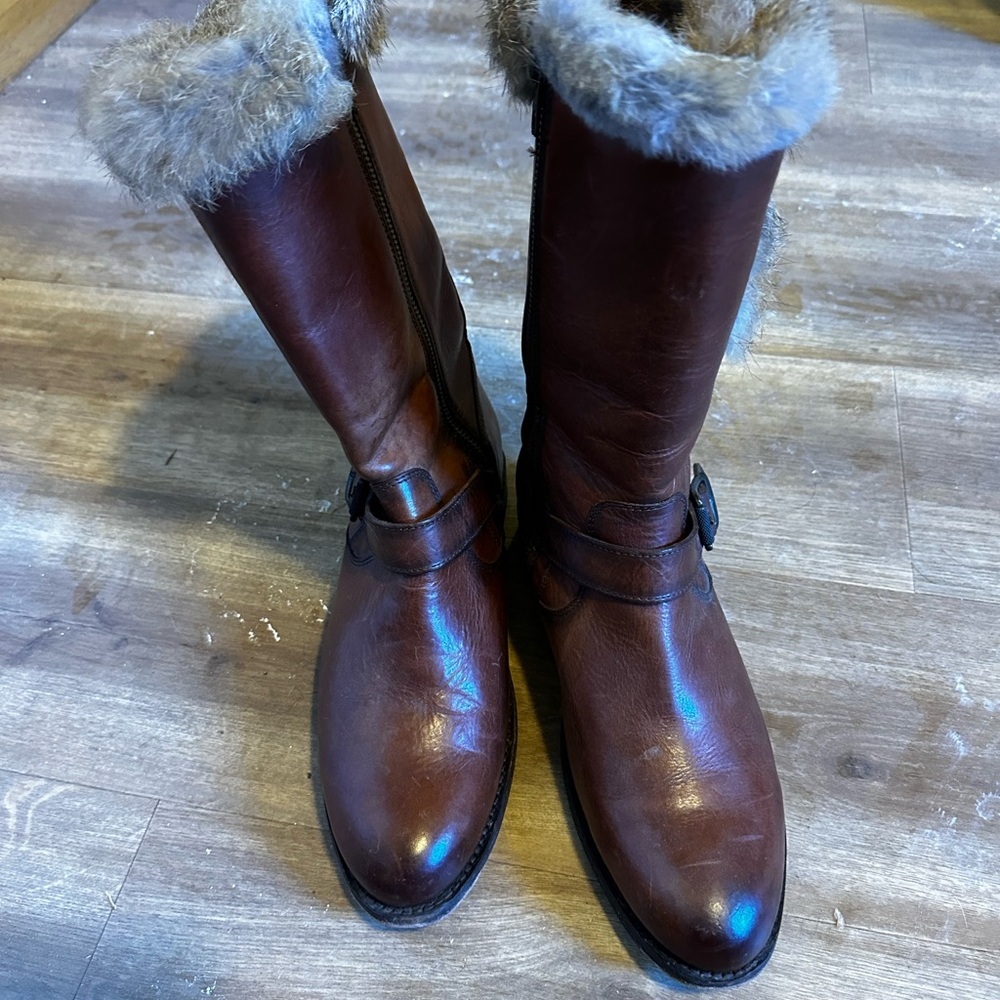 Frye Redwood Brown Leather Heeled Boots with Rabbit Fur Trim